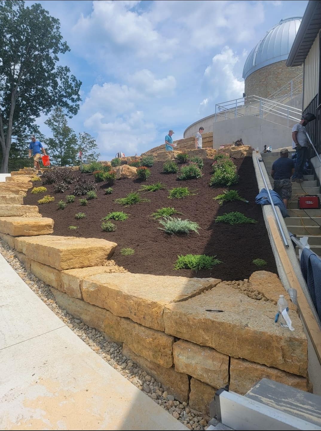 Stone-terraced hillside beds with young plantings
